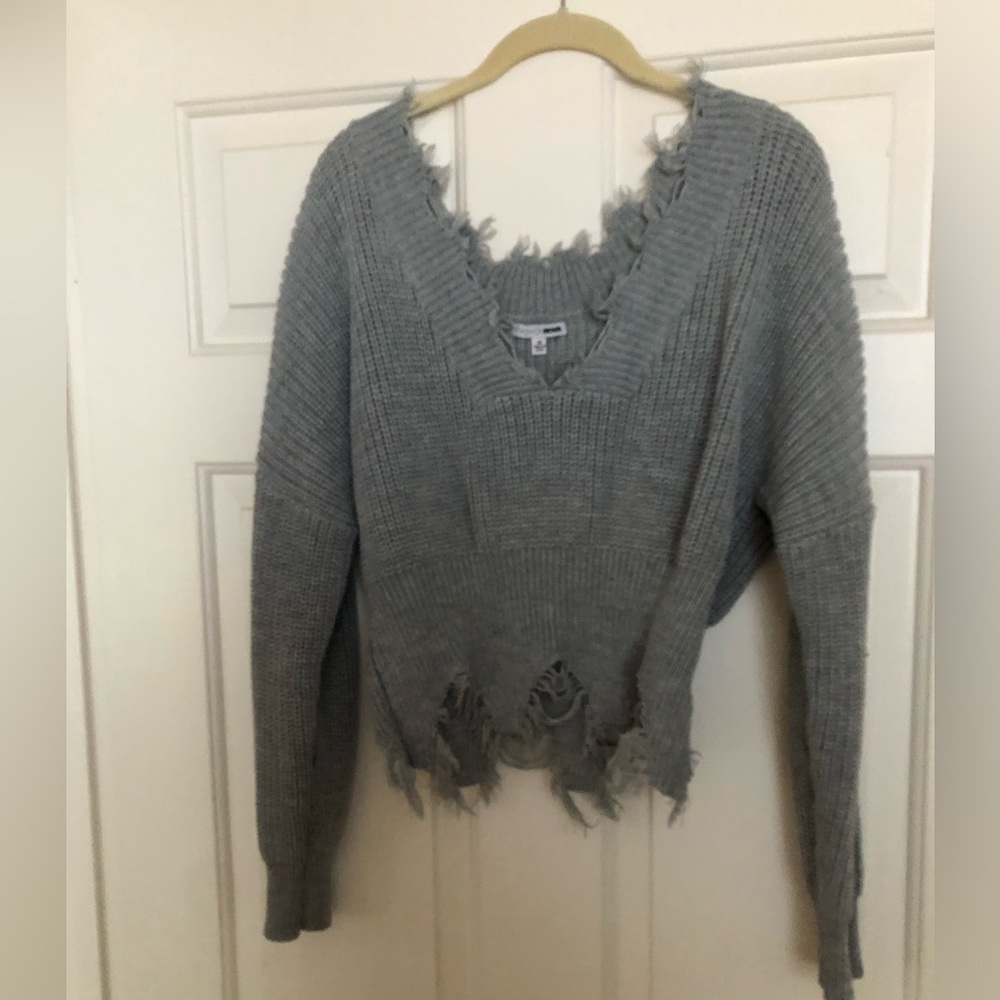 Fashion Nova Gray V-Neck Distressed Sweater